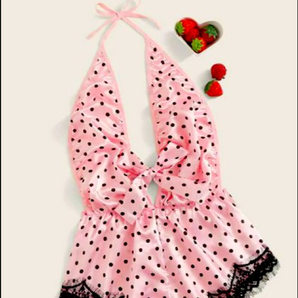 Women’s one piece halter lingerie pink and black polkadots NWT cute and comfy